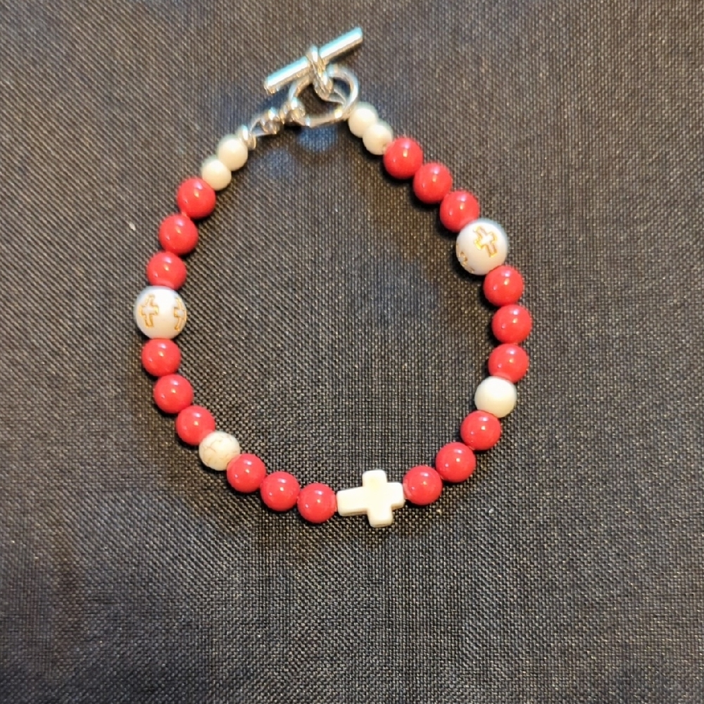 Red and White Beaded Bracelet with Cross Accent
